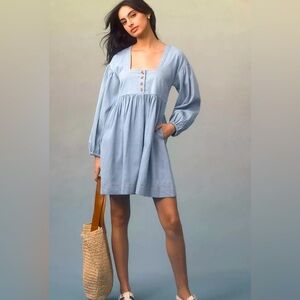 Anthropologie Long-Sleeve Square-Neck Denim Mini Babydoll Dress Size S
